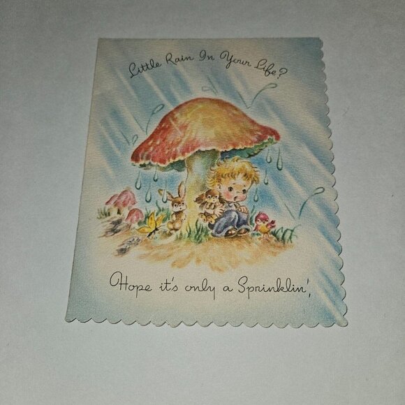 VTG Get Well Greeting Card Boy Mushroom Rain Animal Scalloped Edges Harry Doehla - Picture 1 of 7